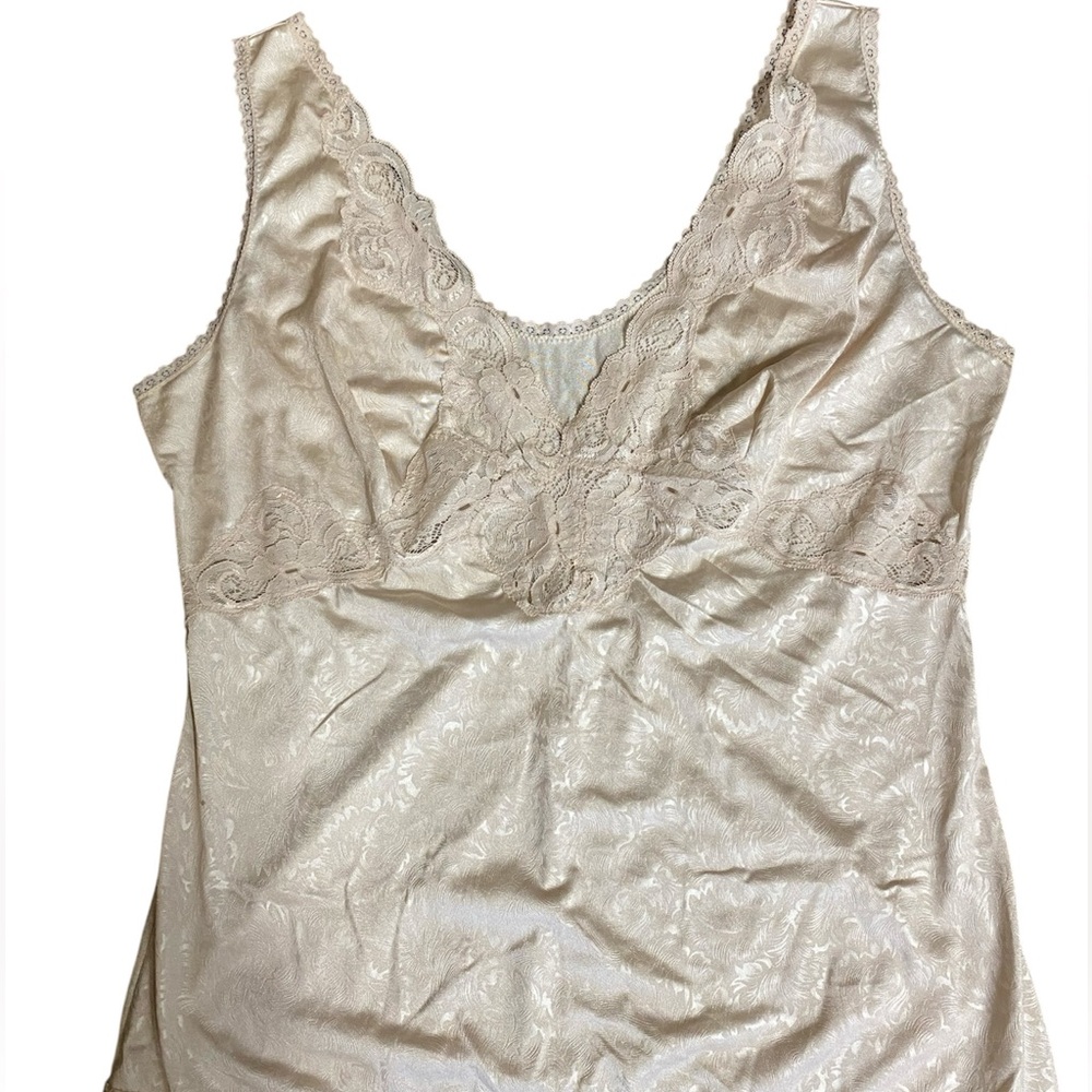 123* Illusion Lace-Trim Satin Chemise camisole Champagne lace trim V neck 1990